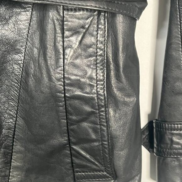Vintage 90s Saxony Black Leather Oversized Belted Mid Trench Coat Jacket Women - Picture 7 of 16